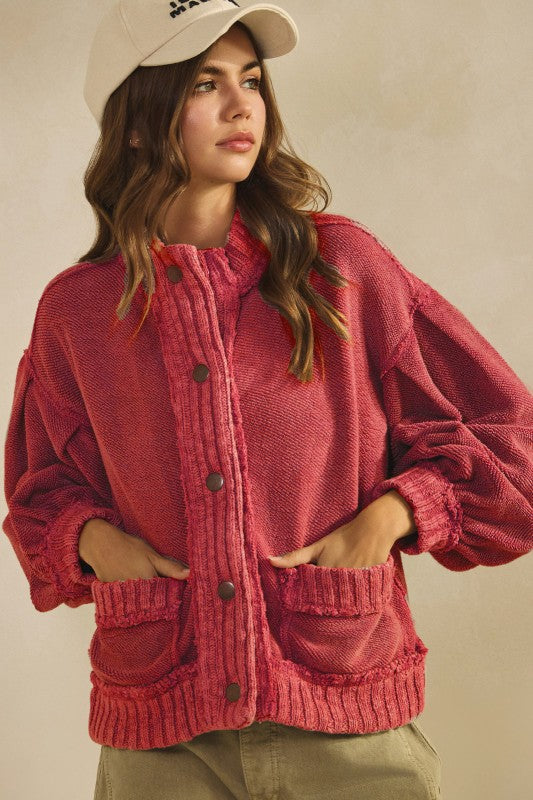 Washed Ribbed Knit Cardigan Jacket