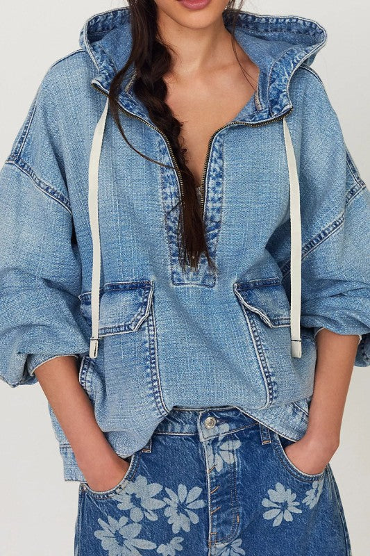 Half Zip Denim Hoodie
