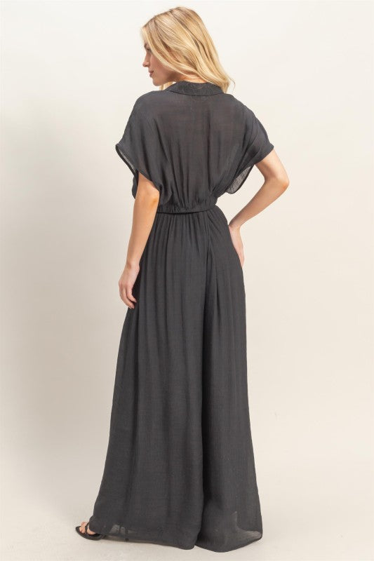 Collared Wrap Top and Wide Leg Pants Set