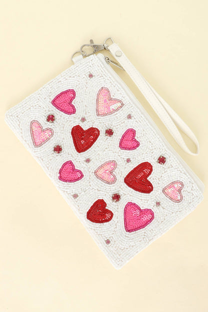 Heart Pattern Beaded Wristlet Coin Bag: Pink