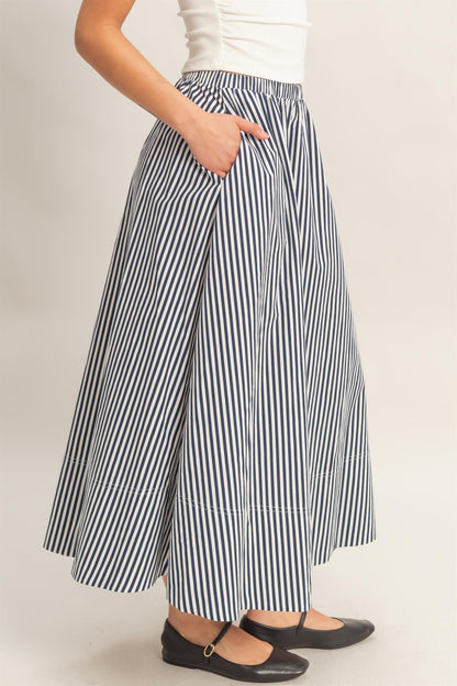 Striped Elastic Waist Flowy Midi Skirt