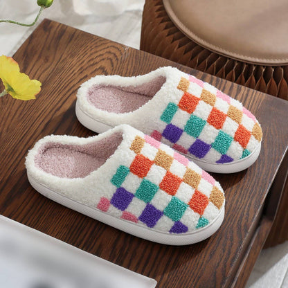 COLORFUL PLAID PRINT EMBROIDERED COTTON SLIPPERS_CWSHS0867: White / (9) 1