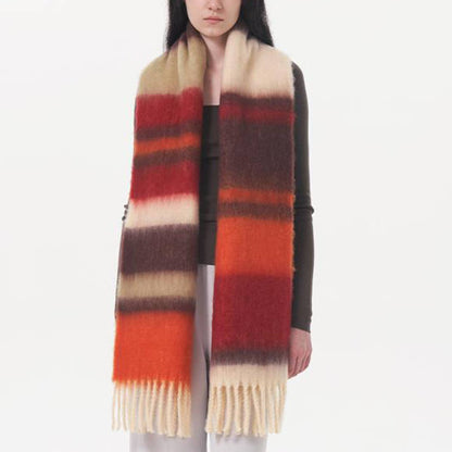 CONTRASTING STRIPED FRINGED PLAID SCARF