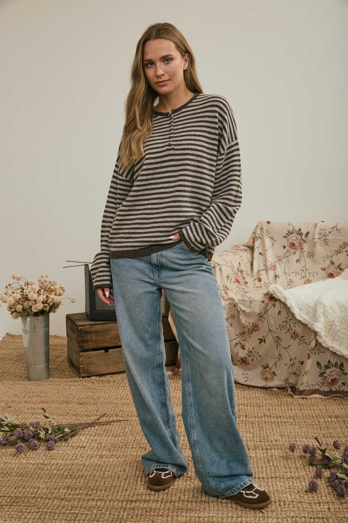 Henley Striped Sweater