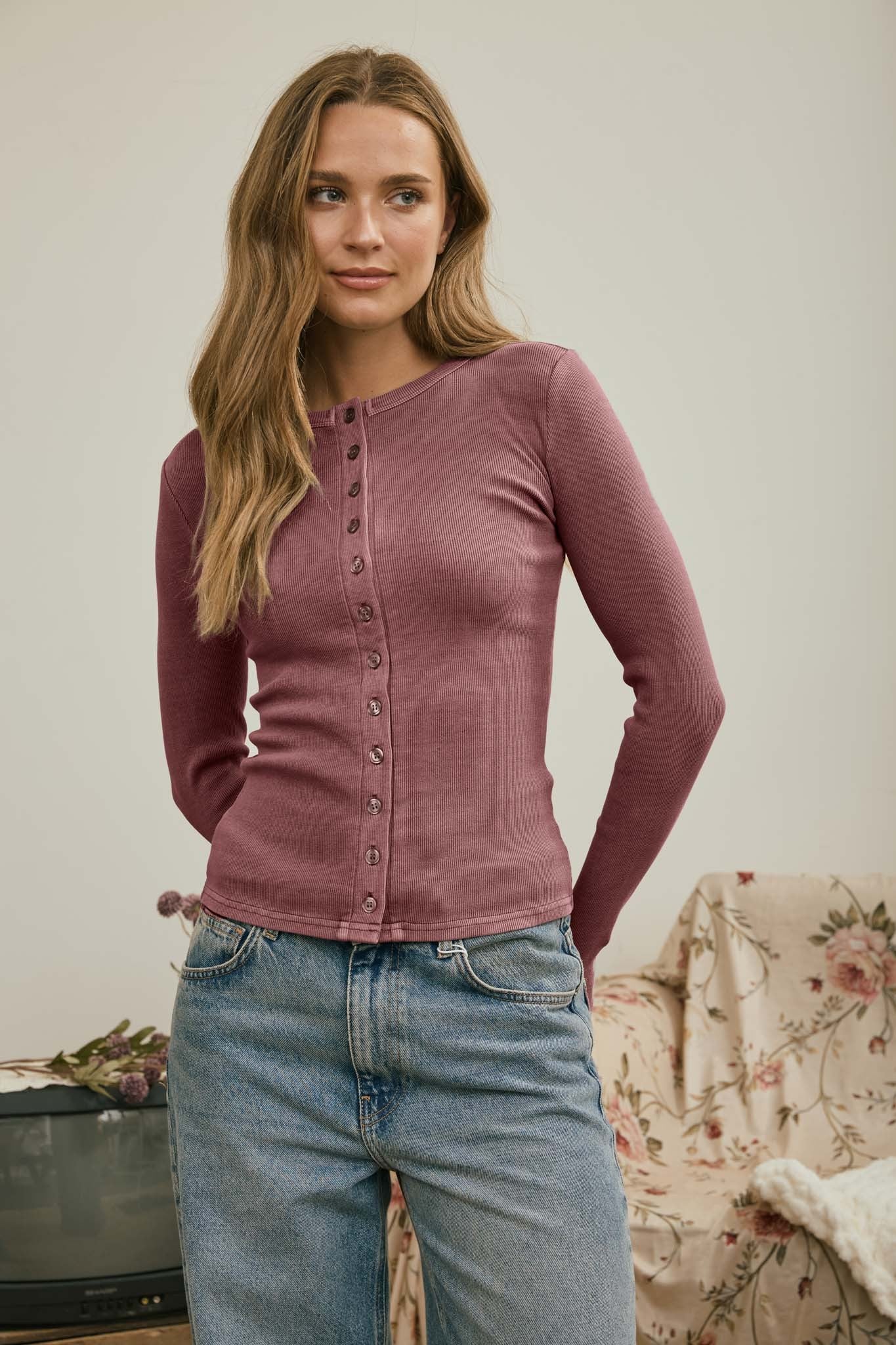 Button Front Knit LS Tee