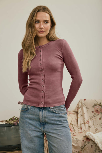 Button Front Knit LS Tee