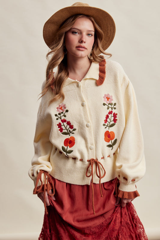 Floral Embroidered Knit Cardigan