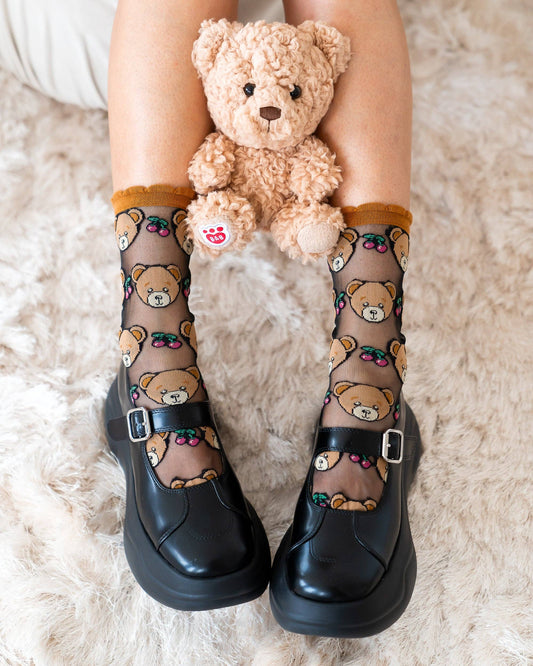 Teddy Bear Ruffle Black Sheer Crew Sock