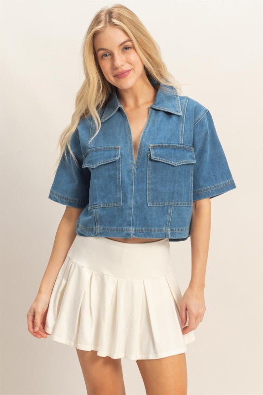 Denim V-neck Cropped Top