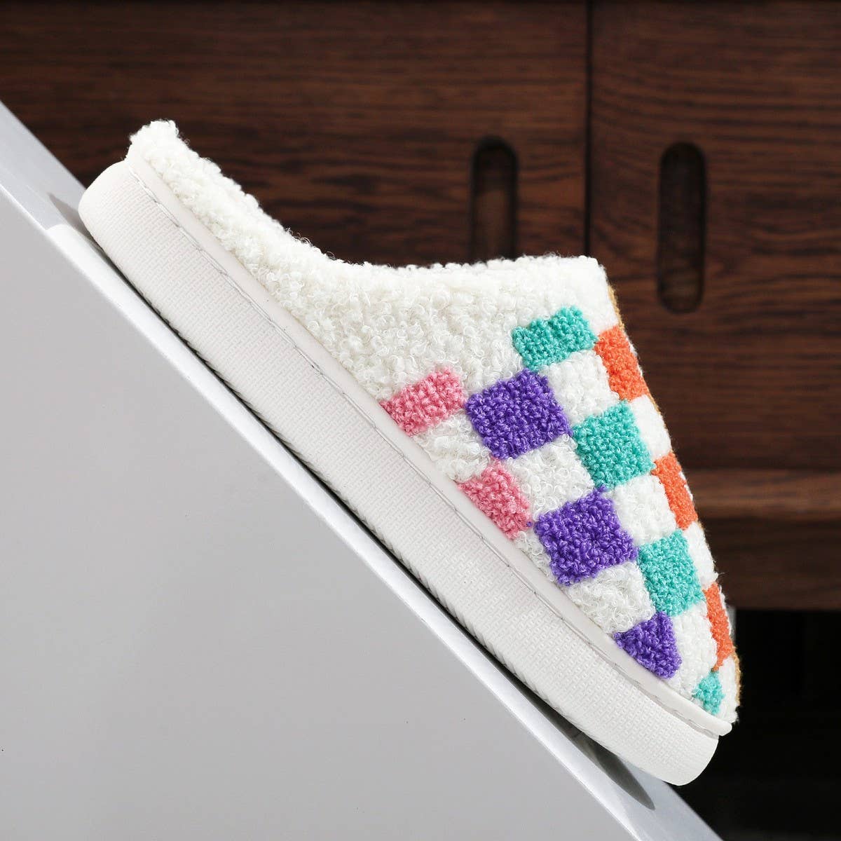 COLORFUL PLAID PRINT EMBROIDERED COTTON SLIPPERS_CWSHS0867: White / (9) 1