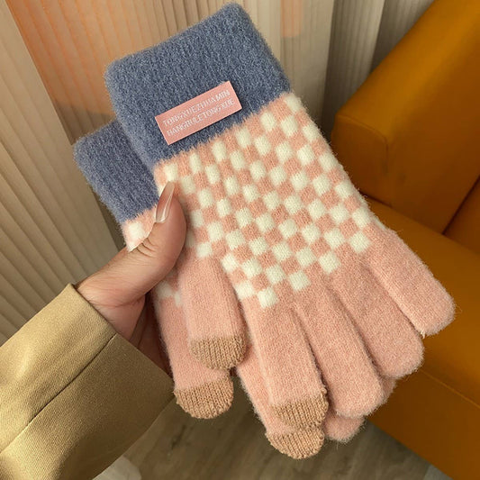 WINTER WARM CHECKERED TOUCH SCREEN GLOVES_CWAG0187: Pink / (OS) 1