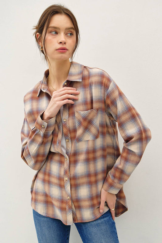 OVERSIZED COTTON FLANNEL SHIRT: Caramel / SM