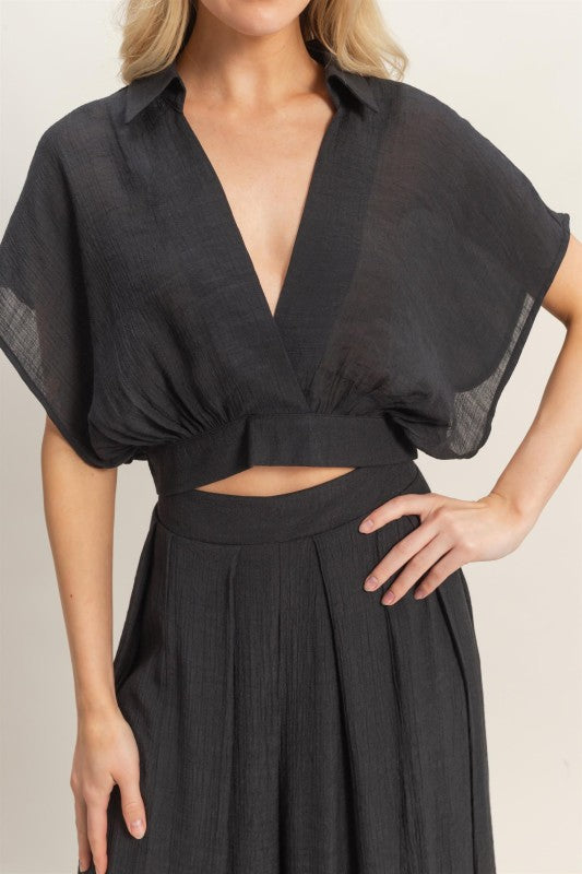 Collared Wrap Top and Wide Leg Pants Set