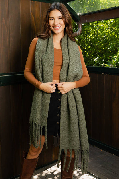 Cozy Knit Scarf with Tassels: Olive