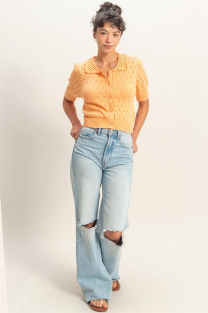 Pointelle Button Up Knit Top