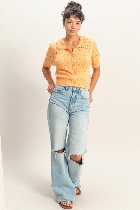 Pointelle Button Up Knit Top