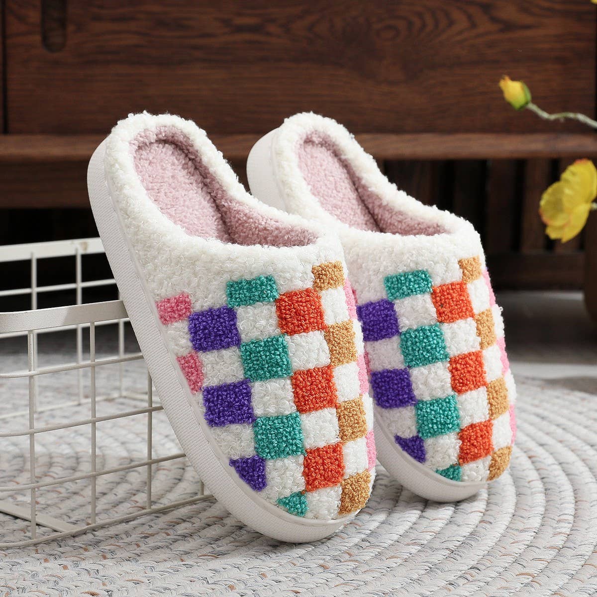 COLORFUL PLAID PRINT EMBROIDERED COTTON SLIPPERS_CWSHS0867: White / (9) 1