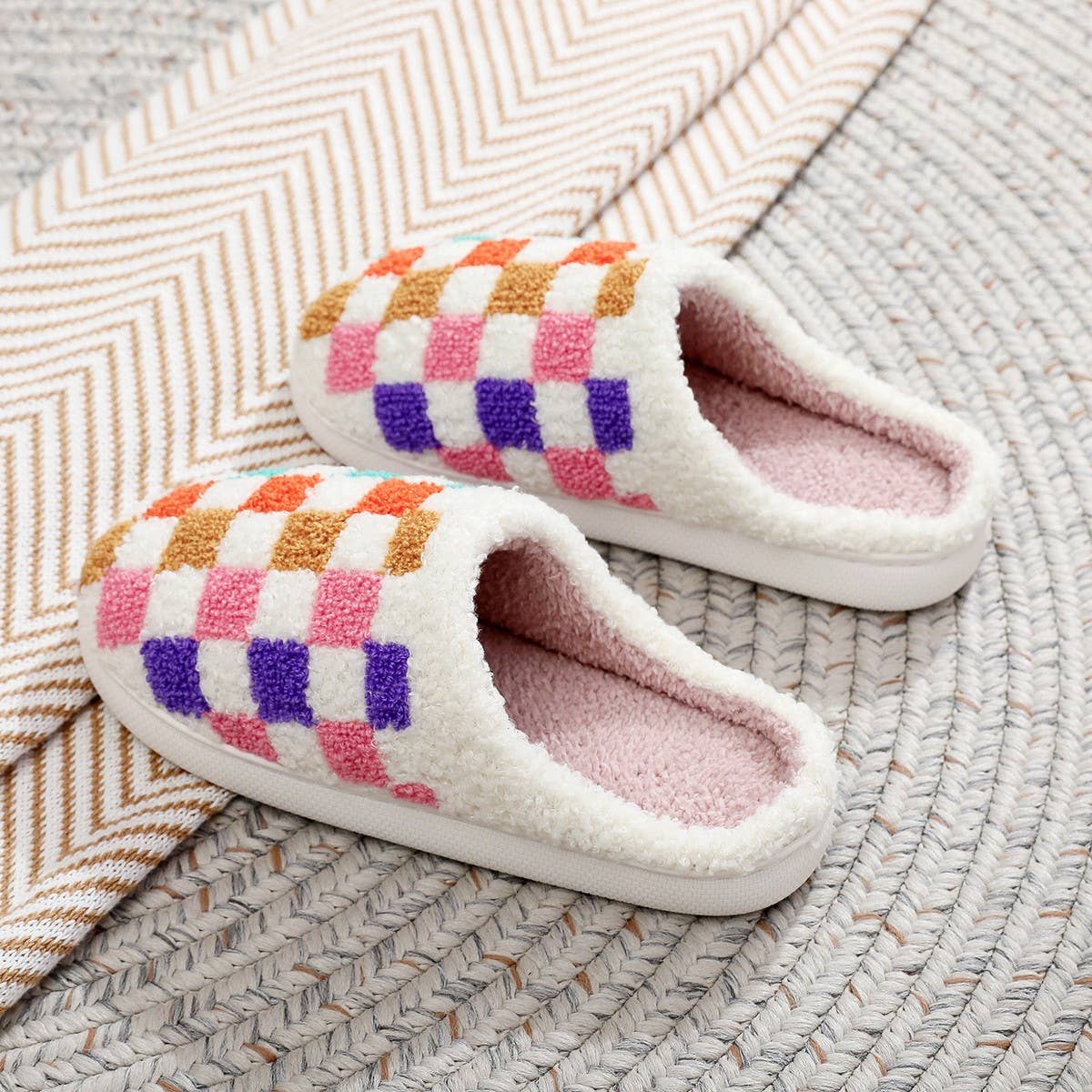 COLORFUL PLAID PRINT EMBROIDERED COTTON SLIPPERS_CWSHS0867: White / (9) 1