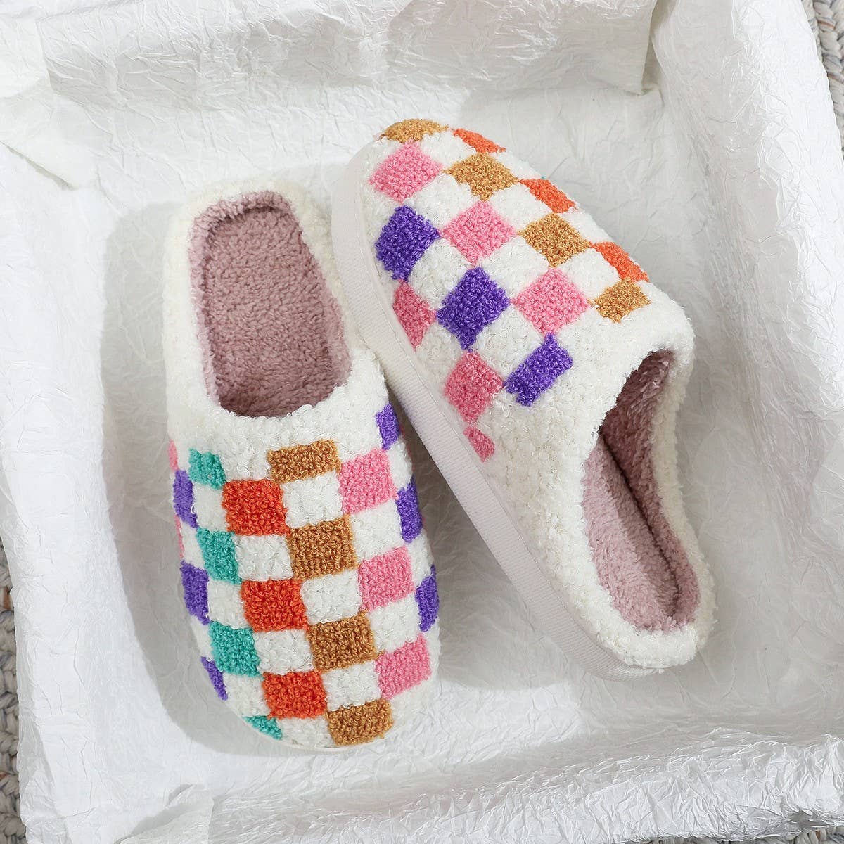 COLORFUL PLAID PRINT EMBROIDERED COTTON SLIPPERS_CWSHS0867: White / (9) 1