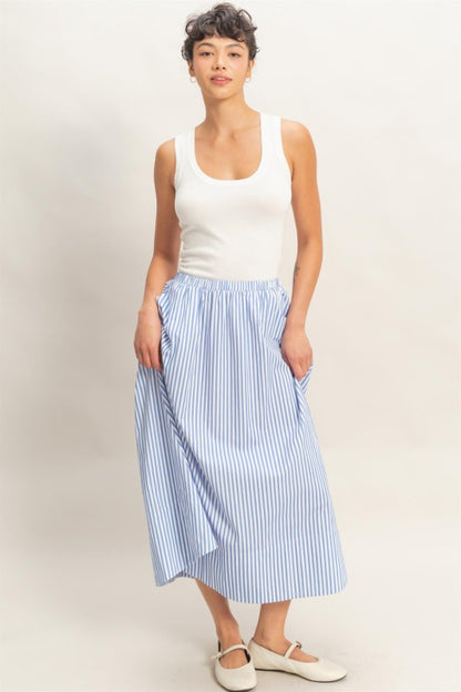 Striped Elastic Waist Flowy Midi Skirt
