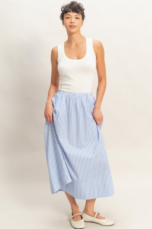 Striped Elastic Waist Flowy Midi Skirt