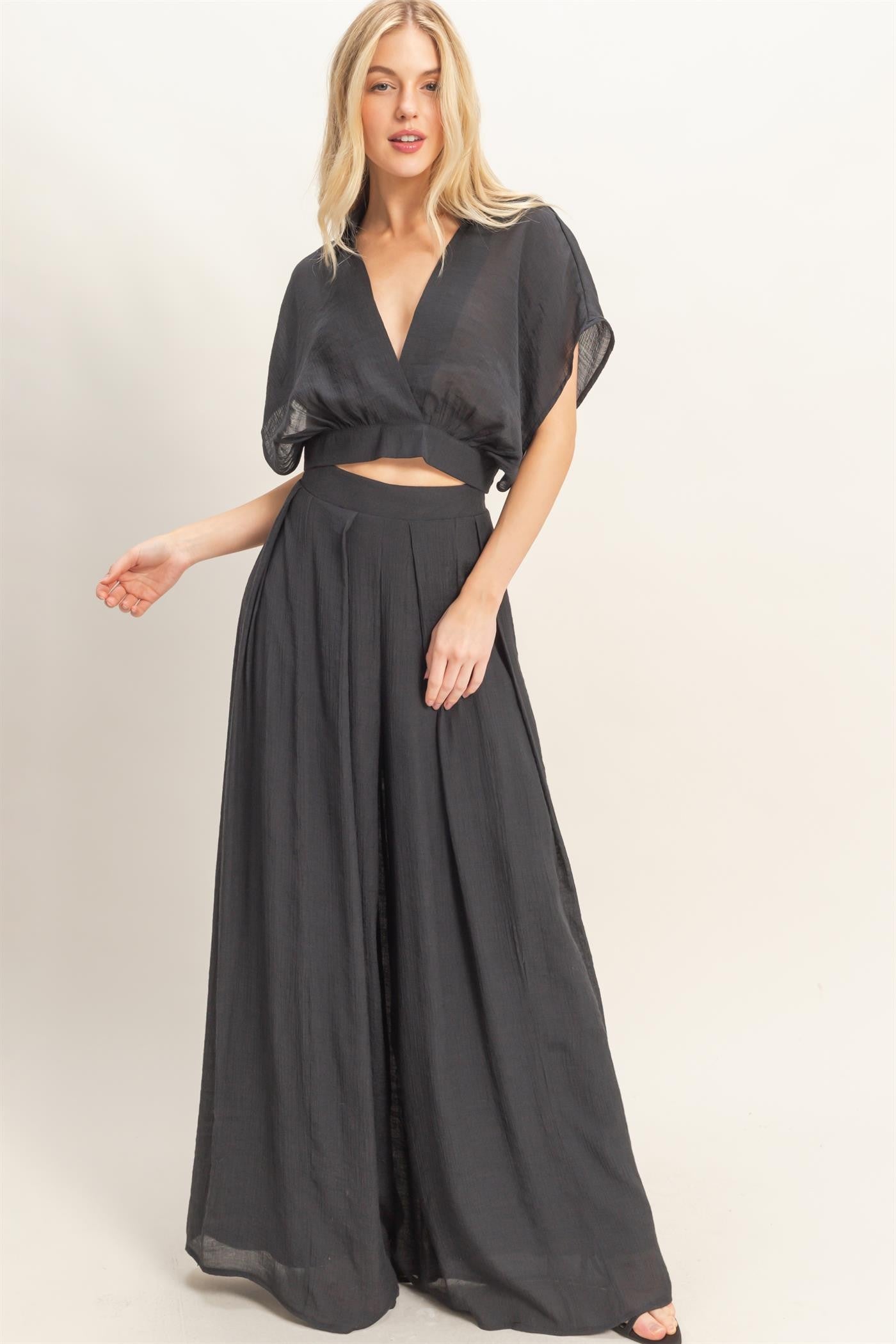 Collared Wrap Top and Wide Leg Pants Set
