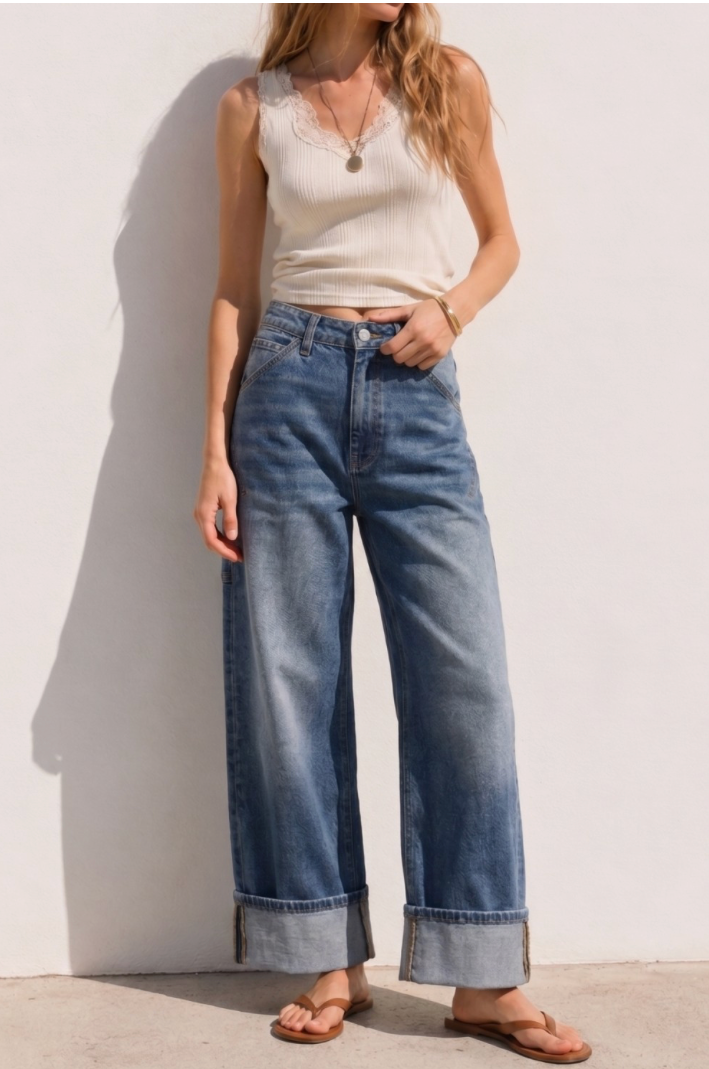 Stretch High Rise Carpenter Wide Leg Jeans