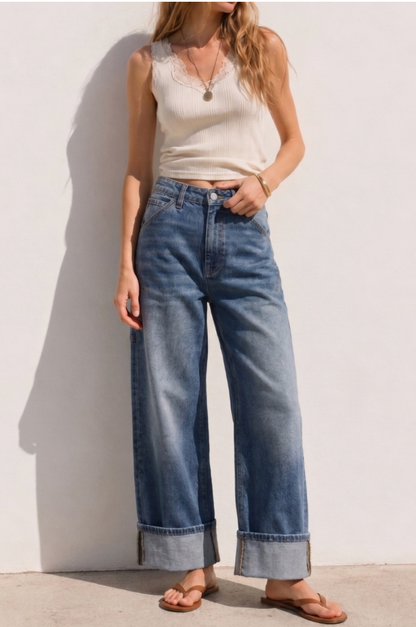 Stretch High Rise Carpenter Wide Leg Jeans
