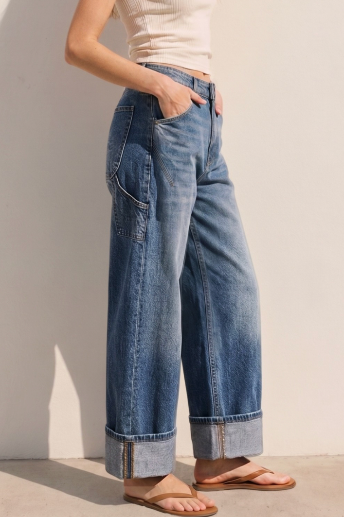 Stretch High Rise Carpenter Wide Leg Jeans