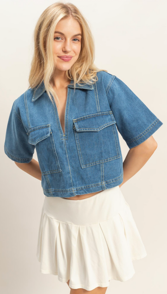 Denim V-neck Cropped Top