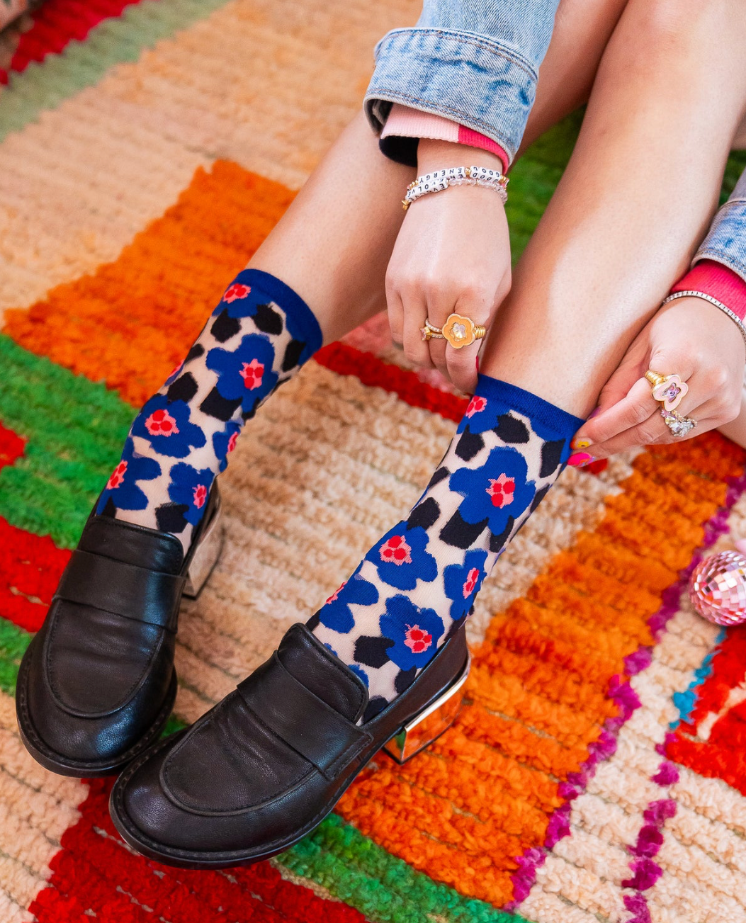 Bold Blue Floral Crew Sock