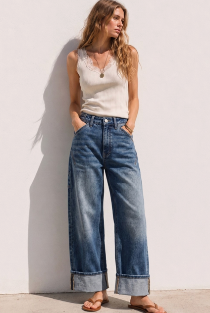 Stretch High Rise Carpenter Wide Leg Jeans