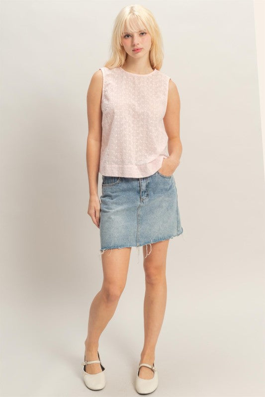 Eyelet Sleeveless Top With Back Buttons