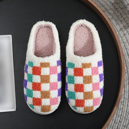 COLORFUL PLAID PRINT EMBROIDERED COTTON SLIPPERS_CWSHS0867: White / (9) 1