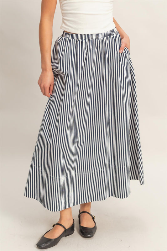 Striped Elastic Waist Flowy Midi Skirt