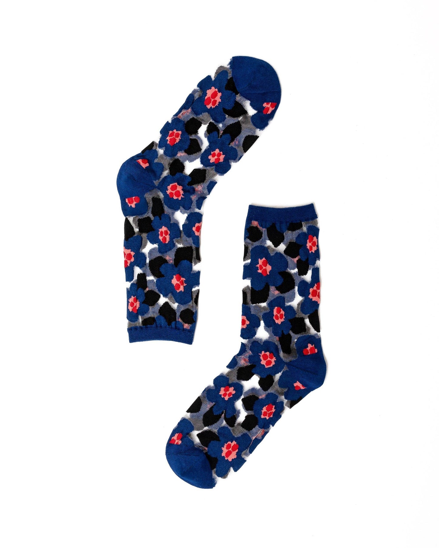 Bold Blue Floral Sheer Crew Sock