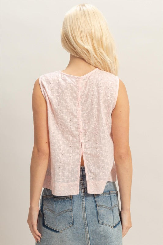 Eyelet Sleeveless Top With Back Buttons