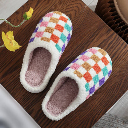 COLORFUL PLAID PRINT EMBROIDERED COTTON SLIPPERS_CWSHS0867: White / (9) 1