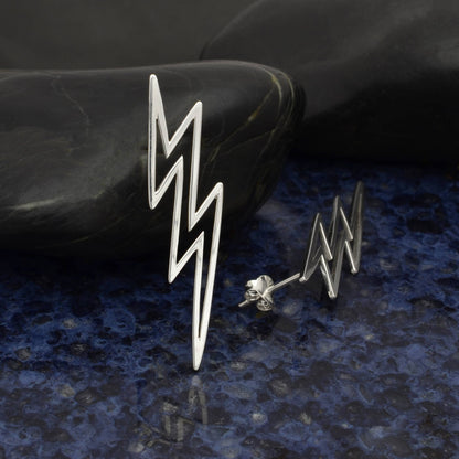 Silver Large Openwork Lightning Bolt Post Earrings 40x10mm