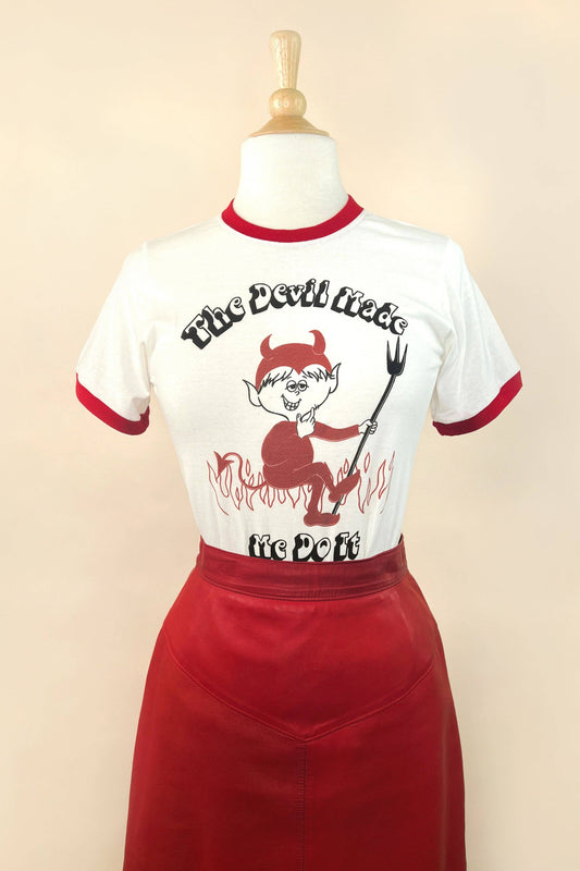 The Devil Made Me Do It Unisex Ringer Tee in White/Pio Red: Unisex- Medium