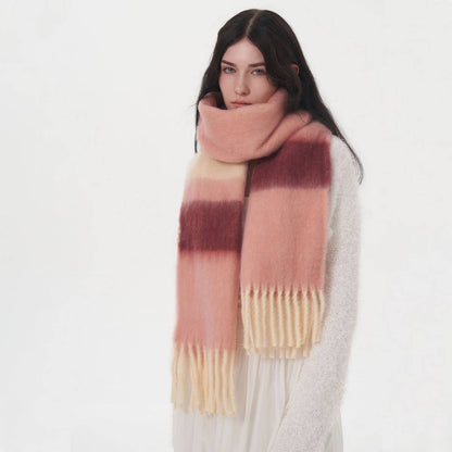 CONTRASTING STRIPED FRINGED PLAID SCARF