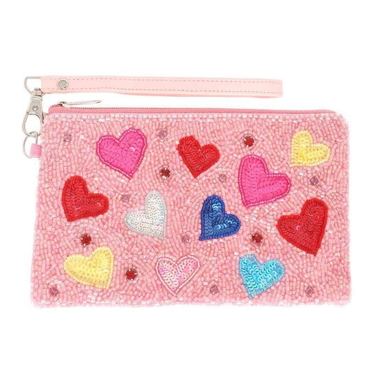 Heart Pattern Beaded Wristlet Coin Bag: Pink